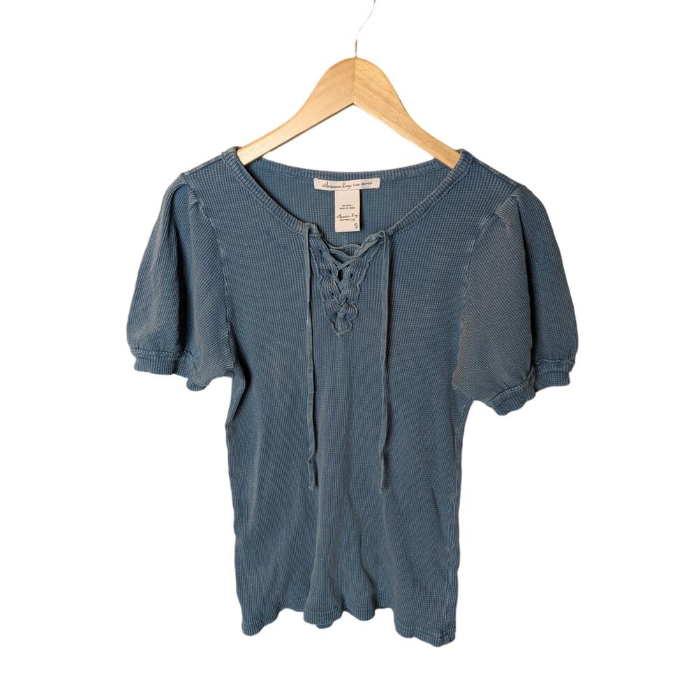 Teal Waffle Knit Boho Tie Front Balloon Sleeve Top Blouse Acid Wash Western S